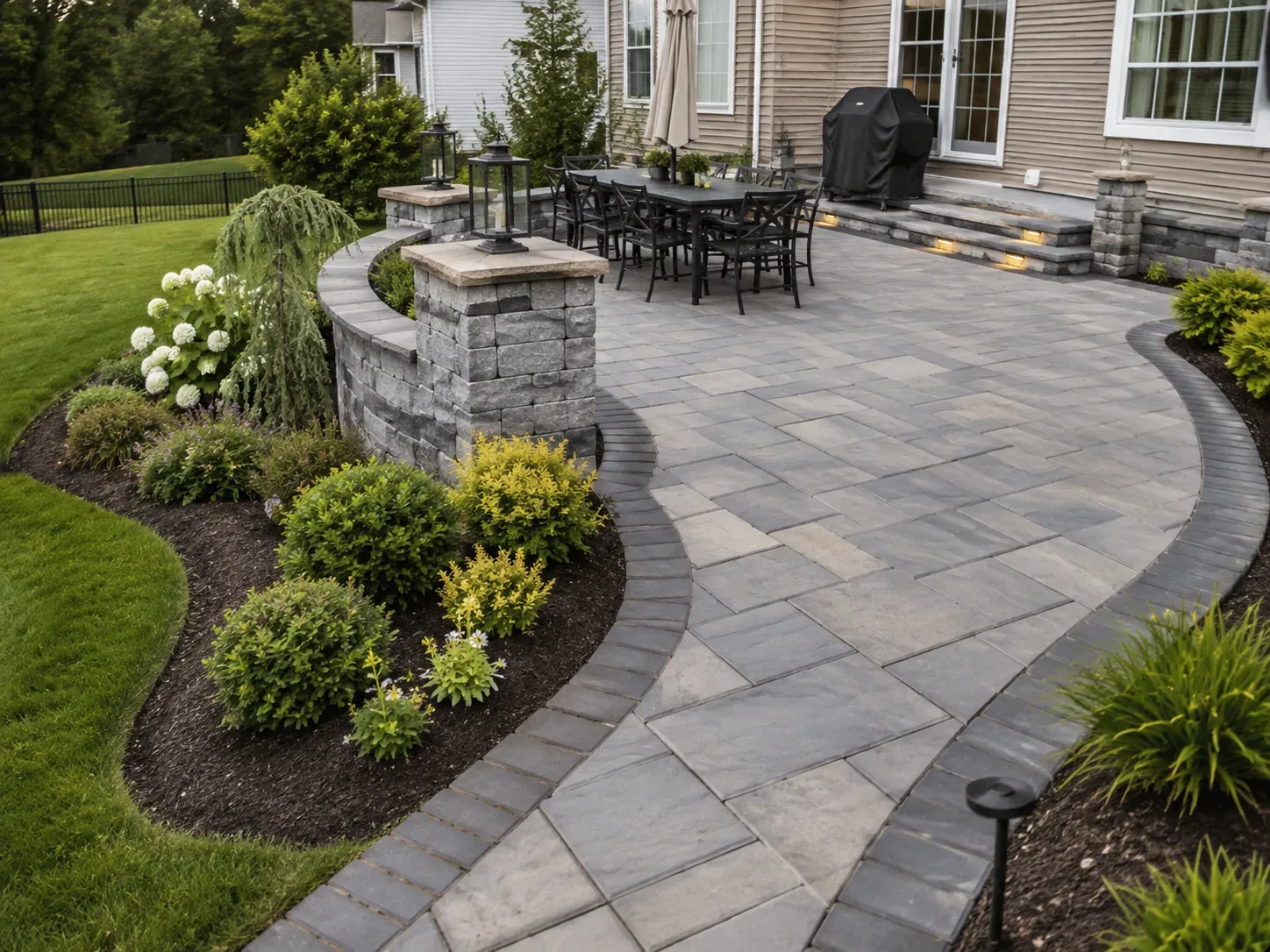 Stone paver patio and landscaped outdoor living area